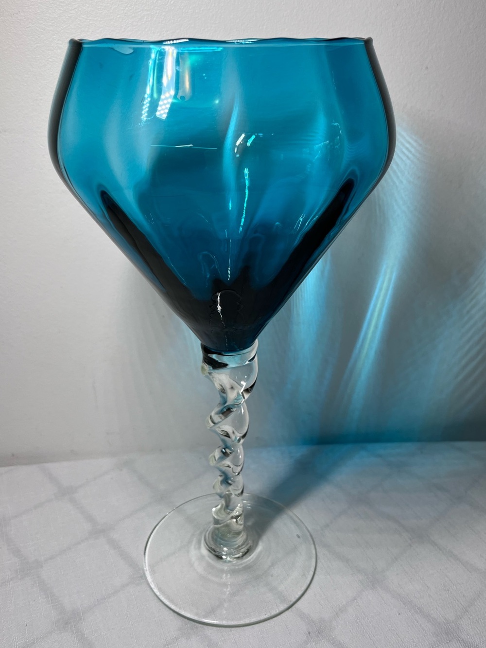 GORGEOUS EMPOLI ITALY AZURE BLUE OVERSIZED GOBLET VASE WITH TWISTED GLASS STEM